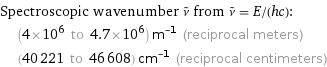 Spectroscopic wavenumber ν^~ from ν^~ = E/(hc):  | (4×10^6 to 4.7×10^6) m^(-1) (reciprocal meters)  | (40221 to 46608) cm^(-1) (reciprocal centimeters)