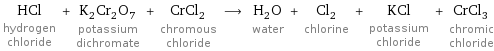 HCl hydrogen chloride + K_2Cr_2O_7 potassium dichromate + CrCl_2 chromous chloride ⟶ H_2O water + Cl_2 chlorine + KCl potassium chloride + CrCl_3 chromic chloride