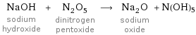 NaOH sodium hydroxide + N_2O_5 dinitrogen pentoxide ⟶ Na_2O sodium oxide + N(OH)5