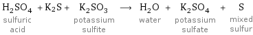 H_2SO_4 sulfuric acid + K2S + K_2SO_3 potassium sulfite ⟶ H_2O water + K_2SO_4 potassium sulfate + S mixed sulfur