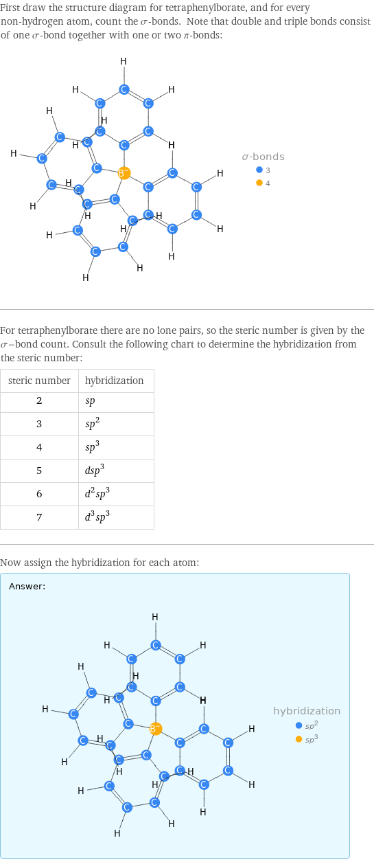 First draw the structure diagram for tetraphenylborate, and for every non-hydrogen atom, count the σ-bonds. Note that double and triple bonds consist of one σ-bond together with one or two π-bonds:  For tetraphenylborate there are no lone pairs, so the steric number is given by the σ-bond count. Consult the following chart to determine the hybridization from the steric number: steric number | hybridization 2 | sp 3 | sp^2 4 | sp^3 5 | dsp^3 6 | d^2sp^3 7 | d^3sp^3 Now assign the hybridization for each atom: Answer: |   | 