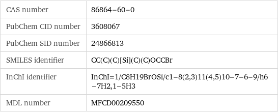 CAS number | 86864-60-0 PubChem CID number | 3608067 PubChem SID number | 24866813 SMILES identifier | CC(C)(C)[Si](C)(C)OCCBr InChI identifier | InChI=1/C8H19BrOSi/c1-8(2, 3)11(4, 5)10-7-6-9/h6-7H2, 1-5H3 MDL number | MFCD00209550