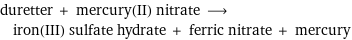 duretter + mercury(II) nitrate ⟶ iron(III) sulfate hydrate + ferric nitrate + mercury