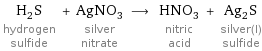 H_2S hydrogen sulfide + AgNO_3 silver nitrate ⟶ HNO_3 nitric acid + Ag_2S silver(I) sulfide