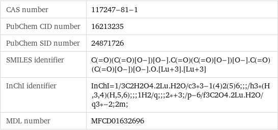 CAS number | 117247-81-1 PubChem CID number | 16213235 PubChem SID number | 24871726 SMILES identifier | C(=O)(C(=O)[O-])[O-].C(=O)(C(=O)[O-])[O-].C(=O)(C(=O)[O-])[O-].O.[Lu+3].[Lu+3] InChI identifier | InChI=1/3C2H2O4.2Lu.H2O/c3*3-1(4)2(5)6;;;/h3*(H, 3, 4)(H, 5, 6);;;1H2/q;;;2*+3;/p-6/f3C2O4.2Lu.H2O/q3*-2;2m; MDL number | MFCD01632696