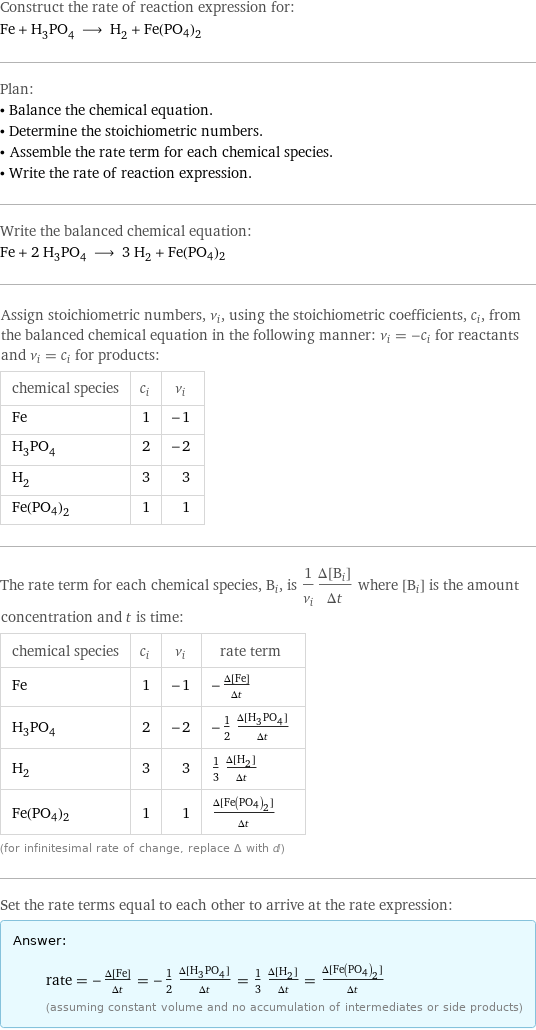 Construct the rate of reaction expression for: Fe + H_3PO_4 ⟶ H_2 + Fe(PO4)2 Plan: • Balance the chemical equation. • Determine the stoichiometric numbers. • Assemble the rate term for each chemical species. • Write the rate of reaction expression. Write the balanced chemical equation: Fe + 2 H_3PO_4 ⟶ 3 H_2 + Fe(PO4)2 Assign stoichiometric numbers, ν_i, using the stoichiometric coefficients, c_i, from the balanced chemical equation in the following manner: ν_i = -c_i for reactants and ν_i = c_i for products: chemical species | c_i | ν_i Fe | 1 | -1 H_3PO_4 | 2 | -2 H_2 | 3 | 3 Fe(PO4)2 | 1 | 1 The rate term for each chemical species, B_i, is 1/ν_i(Δ[B_i])/(Δt) where [B_i] is the amount concentration and t is time: chemical species | c_i | ν_i | rate term Fe | 1 | -1 | -(Δ[Fe])/(Δt) H_3PO_4 | 2 | -2 | -1/2 (Δ[H3PO4])/(Δt) H_2 | 3 | 3 | 1/3 (Δ[H2])/(Δt) Fe(PO4)2 | 1 | 1 | (Δ[Fe(PO4)2])/(Δt) (for infinitesimal rate of change, replace Δ with d) Set the rate terms equal to each other to arrive at the rate expression: Answer: |   | rate = -(Δ[Fe])/(Δt) = -1/2 (Δ[H3PO4])/(Δt) = 1/3 (Δ[H2])/(Δt) = (Δ[Fe(PO4)2])/(Δt) (assuming constant volume and no accumulation of intermediates or side products)