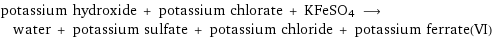 potassium hydroxide + potassium chlorate + KFeSO4 ⟶ water + potassium sulfate + potassium chloride + potassium ferrate(VI)