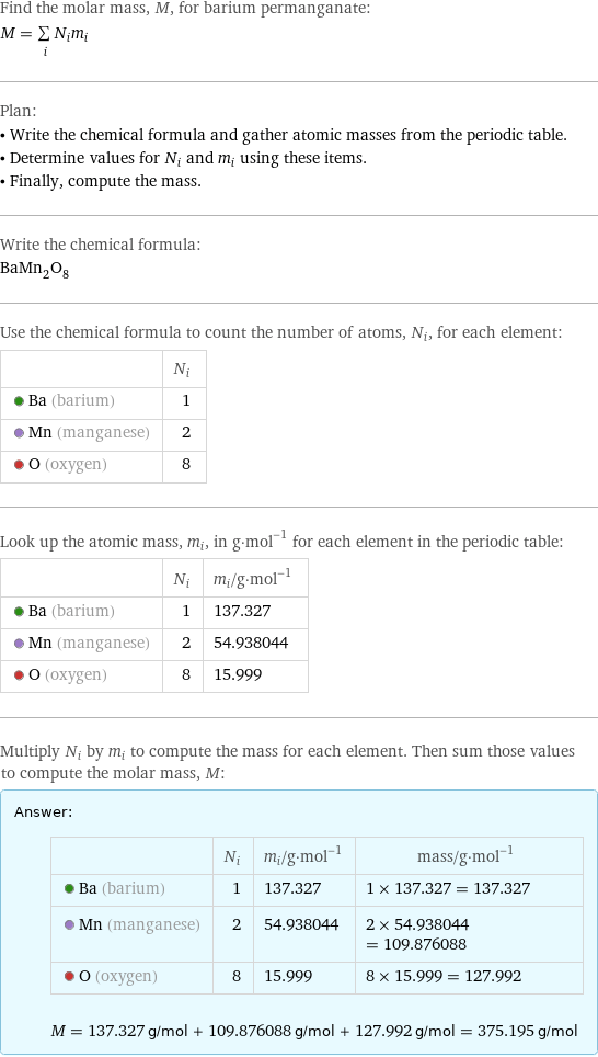 Find the molar mass, M, for barium permanganate: M = sum _iN_im_i Plan: • Write the chemical formula and gather atomic masses from the periodic table. • Determine values for N_i and m_i using these items. • Finally, compute the mass. Write the chemical formula: BaMn_2O_8 Use the chemical formula to count the number of atoms, N_i, for each element:  | N_i  Ba (barium) | 1  Mn (manganese) | 2  O (oxygen) | 8 Look up the atomic mass, m_i, in g·mol^(-1) for each element in the periodic table:  | N_i | m_i/g·mol^(-1)  Ba (barium) | 1 | 137.327  Mn (manganese) | 2 | 54.938044  O (oxygen) | 8 | 15.999 Multiply N_i by m_i to compute the mass for each element. Then sum those values to compute the molar mass, M: Answer: |   | | N_i | m_i/g·mol^(-1) | mass/g·mol^(-1)  Ba (barium) | 1 | 137.327 | 1 × 137.327 = 137.327  Mn (manganese) | 2 | 54.938044 | 2 × 54.938044 = 109.876088  O (oxygen) | 8 | 15.999 | 8 × 15.999 = 127.992  M = 137.327 g/mol + 109.876088 g/mol + 127.992 g/mol = 375.195 g/mol