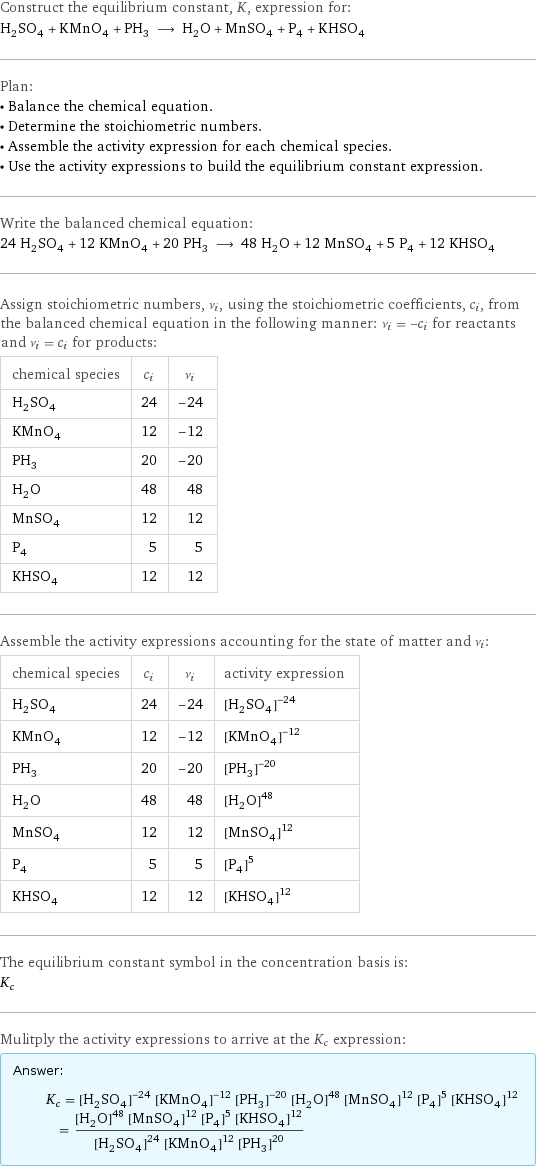 Construct the equilibrium constant, K, expression for: H_2SO_4 + KMnO_4 + PH_3 ⟶ H_2O + MnSO_4 + P_4 + KHSO_4 Plan: • Balance the chemical equation. • Determine the stoichiometric numbers. • Assemble the activity expression for each chemical species. • Use the activity expressions to build the equilibrium constant expression. Write the balanced chemical equation: 24 H_2SO_4 + 12 KMnO_4 + 20 PH_3 ⟶ 48 H_2O + 12 MnSO_4 + 5 P_4 + 12 KHSO_4 Assign stoichiometric numbers, ν_i, using the stoichiometric coefficients, c_i, from the balanced chemical equation in the following manner: ν_i = -c_i for reactants and ν_i = c_i for products: chemical species | c_i | ν_i H_2SO_4 | 24 | -24 KMnO_4 | 12 | -12 PH_3 | 20 | -20 H_2O | 48 | 48 MnSO_4 | 12 | 12 P_4 | 5 | 5 KHSO_4 | 12 | 12 Assemble the activity expressions accounting for the state of matter and ν_i: chemical species | c_i | ν_i | activity expression H_2SO_4 | 24 | -24 | ([H2SO4])^(-24) KMnO_4 | 12 | -12 | ([KMnO4])^(-12) PH_3 | 20 | -20 | ([PH3])^(-20) H_2O | 48 | 48 | ([H2O])^48 MnSO_4 | 12 | 12 | ([MnSO4])^12 P_4 | 5 | 5 | ([P4])^5 KHSO_4 | 12 | 12 | ([KHSO4])^12 The equilibrium constant symbol in the concentration basis is: K_c Mulitply the activity expressions to arrive at the K_c expression: Answer: |   | K_c = ([H2SO4])^(-24) ([KMnO4])^(-12) ([PH3])^(-20) ([H2O])^48 ([MnSO4])^12 ([P4])^5 ([KHSO4])^12 = (([H2O])^48 ([MnSO4])^12 ([P4])^5 ([KHSO4])^12)/(([H2SO4])^24 ([KMnO4])^12 ([PH3])^20)