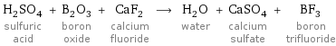 H_2SO_4 sulfuric acid + B_2O_3 boron oxide + CaF_2 calcium fluoride ⟶ H_2O water + CaSO_4 calcium sulfate + BF_3 boron trifluoride