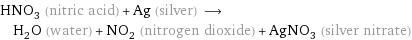 HNO_3 (nitric acid) + Ag (silver) ⟶ H_2O (water) + NO_2 (nitrogen dioxide) + AgNO_3 (silver nitrate)