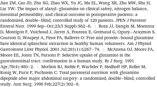 Jian ZM, Cao JD, Zhu XG, Zhao WX, Yu JC, Ma EL, Wang XR, Zhu MW, Shu H, Liu YW: The impact of alanyl-glutamine on clinical safety, nitrogen balance, intestinal permeability, and clinical outcome in postoperative patients: a randomized, double-blind, controlled study of 120 patients. JPEN J Parenter Enteral Nutr. 1999 Sep-Oct;23(5 Suppl):S62-6. | Boza JJ, Dangin M, Moennoz D, Montigon F, Vuichoud J, Jarret A, Pouteau E, Gremaud G, Oguey-Araymon S, Courtois D, Woupeyi A, Finot PA, Ballevre O: Free and protein-bound glutamine have identical splanchnic extraction in healthy human volunteers. Am J Physiol Gastrointest Liver Physiol. 2001 Jul;281(1):G267-74. | McAnena OJ, Moore FA, Moore EE, Jones TN, Parsons P: Selective uptake of glutamine in the gastrointestinal tract: confirmation in a human study. Br J Surg. 1991 Apr;78(4):480-2. | Morlion BJ, Stehle P, Wachtler P, Siedhoff HP, Koller M, Konig W, Furst P, Puchstein C: Total parenteral nutrition with glutamine dipeptide after major abdominal surgery: a randomized, double-blind, controlled study. Ann Surg. 1998 Feb;227(2):302-8.