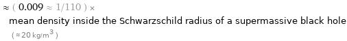  ≈ ( 0.009 ≈ 1/110 ) × mean density inside the Schwarzschild radius of a supermassive black hole ( ≈ 20 kg/m^3 )