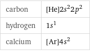 carbon | [He]2s^22p^2 hydrogen | 1s^1 calcium | [Ar]4s^2