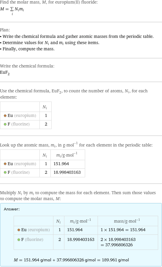 Find the molar mass, M, for europium(II) fluoride: M = sum _iN_im_i Plan: • Write the chemical formula and gather atomic masses from the periodic table. • Determine values for N_i and m_i using these items. • Finally, compute the mass. Write the chemical formula: EuF_2 Use the chemical formula, EuF_2, to count the number of atoms, N_i, for each element:  | N_i  Eu (europium) | 1  F (fluorine) | 2 Look up the atomic mass, m_i, in g·mol^(-1) for each element in the periodic table:  | N_i | m_i/g·mol^(-1)  Eu (europium) | 1 | 151.964  F (fluorine) | 2 | 18.998403163 Multiply N_i by m_i to compute the mass for each element. Then sum those values to compute the molar mass, M: Answer: |   | | N_i | m_i/g·mol^(-1) | mass/g·mol^(-1)  Eu (europium) | 1 | 151.964 | 1 × 151.964 = 151.964  F (fluorine) | 2 | 18.998403163 | 2 × 18.998403163 = 37.996806326  M = 151.964 g/mol + 37.996806326 g/mol = 189.961 g/mol