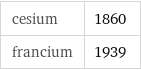 cesium | 1860 francium | 1939