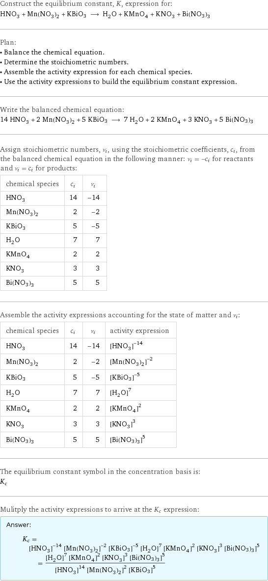 Construct the equilibrium constant, K, expression for: HNO_3 + Mn(NO_3)_2 + KBiO3 ⟶ H_2O + KMnO_4 + KNO_3 + Bi(NO3)3 Plan: • Balance the chemical equation. • Determine the stoichiometric numbers. • Assemble the activity expression for each chemical species. • Use the activity expressions to build the equilibrium constant expression. Write the balanced chemical equation: 14 HNO_3 + 2 Mn(NO_3)_2 + 5 KBiO3 ⟶ 7 H_2O + 2 KMnO_4 + 3 KNO_3 + 5 Bi(NO3)3 Assign stoichiometric numbers, ν_i, using the stoichiometric coefficients, c_i, from the balanced chemical equation in the following manner: ν_i = -c_i for reactants and ν_i = c_i for products: chemical species | c_i | ν_i HNO_3 | 14 | -14 Mn(NO_3)_2 | 2 | -2 KBiO3 | 5 | -5 H_2O | 7 | 7 KMnO_4 | 2 | 2 KNO_3 | 3 | 3 Bi(NO3)3 | 5 | 5 Assemble the activity expressions accounting for the state of matter and ν_i: chemical species | c_i | ν_i | activity expression HNO_3 | 14 | -14 | ([HNO3])^(-14) Mn(NO_3)_2 | 2 | -2 | ([Mn(NO3)2])^(-2) KBiO3 | 5 | -5 | ([KBiO3])^(-5) H_2O | 7 | 7 | ([H2O])^7 KMnO_4 | 2 | 2 | ([KMnO4])^2 KNO_3 | 3 | 3 | ([KNO3])^3 Bi(NO3)3 | 5 | 5 | ([Bi(NO3)3])^5 The equilibrium constant symbol in the concentration basis is: K_c Mulitply the activity expressions to arrive at the K_c expression: Answer: |   | K_c = ([HNO3])^(-14) ([Mn(NO3)2])^(-2) ([KBiO3])^(-5) ([H2O])^7 ([KMnO4])^2 ([KNO3])^3 ([Bi(NO3)3])^5 = (([H2O])^7 ([KMnO4])^2 ([KNO3])^3 ([Bi(NO3)3])^5)/(([HNO3])^14 ([Mn(NO3)2])^2 ([KBiO3])^5)