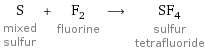 S mixed sulfur + F_2 fluorine ⟶ SF_4 sulfur tetrafluoride