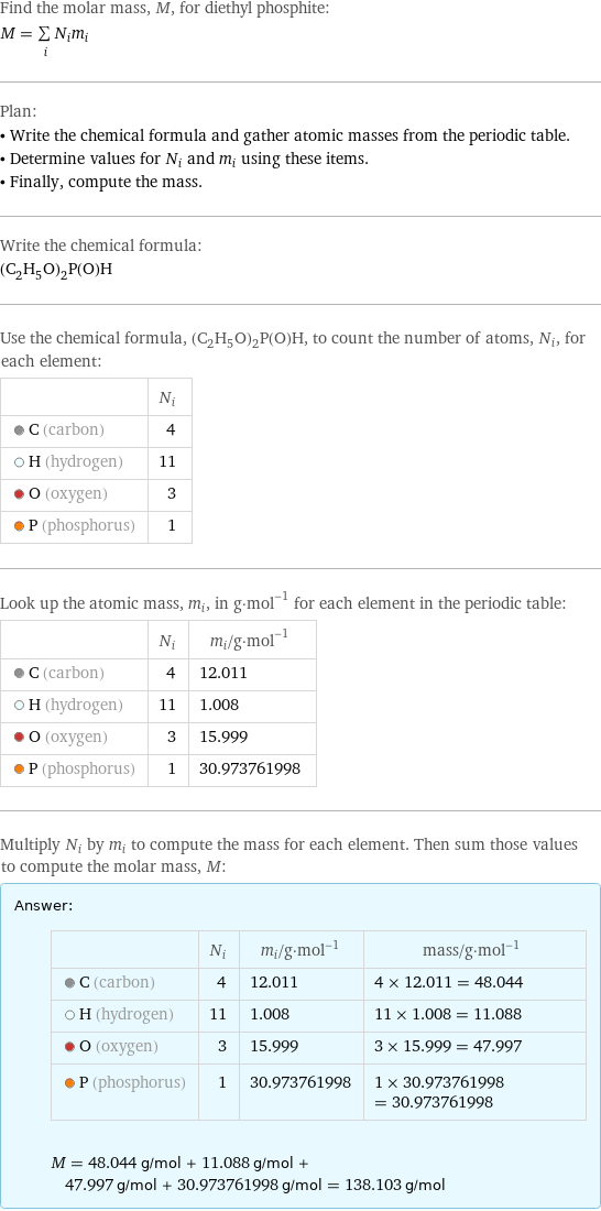 Find the molar mass, M, for diethyl phosphite: M = sum _iN_im_i Plan: • Write the chemical formula and gather atomic masses from the periodic table. • Determine values for N_i and m_i using these items. • Finally, compute the mass. Write the chemical formula: (C_2H_5O)_2P(O)H Use the chemical formula, (C_2H_5O)_2P(O)H, to count the number of atoms, N_i, for each element:  | N_i  C (carbon) | 4  H (hydrogen) | 11  O (oxygen) | 3  P (phosphorus) | 1 Look up the atomic mass, m_i, in g·mol^(-1) for each element in the periodic table:  | N_i | m_i/g·mol^(-1)  C (carbon) | 4 | 12.011  H (hydrogen) | 11 | 1.008  O (oxygen) | 3 | 15.999  P (phosphorus) | 1 | 30.973761998 Multiply N_i by m_i to compute the mass for each element. Then sum those values to compute the molar mass, M: Answer: |   | | N_i | m_i/g·mol^(-1) | mass/g·mol^(-1)  C (carbon) | 4 | 12.011 | 4 × 12.011 = 48.044  H (hydrogen) | 11 | 1.008 | 11 × 1.008 = 11.088  O (oxygen) | 3 | 15.999 | 3 × 15.999 = 47.997  P (phosphorus) | 1 | 30.973761998 | 1 × 30.973761998 = 30.973761998  M = 48.044 g/mol + 11.088 g/mol + 47.997 g/mol + 30.973761998 g/mol = 138.103 g/mol