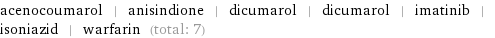 acenocoumarol | anisindione | dicumarol | dicumarol | imatinib | isoniazid | warfarin (total: 7)