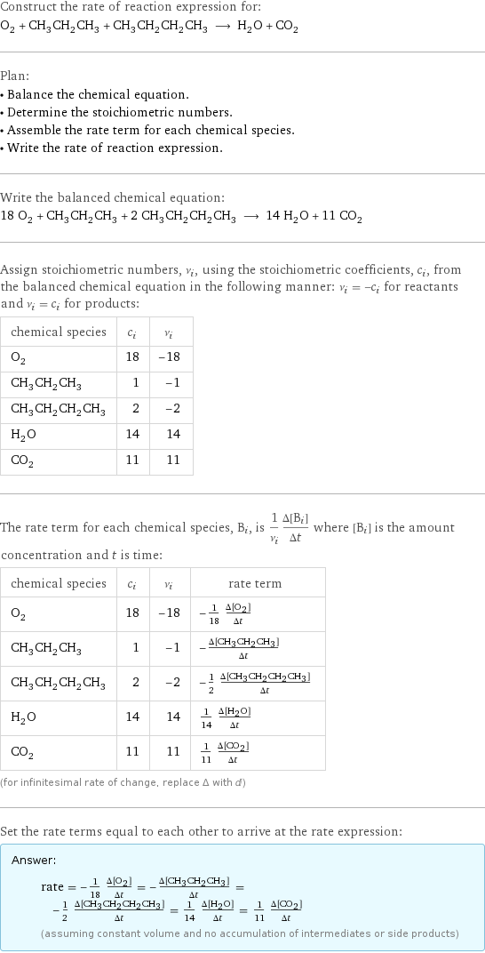 Construct the rate of reaction expression for: O_2 + CH_3CH_2CH_3 + CH_3CH_2CH_2CH_3 ⟶ H_2O + CO_2 Plan: • Balance the chemical equation. • Determine the stoichiometric numbers. • Assemble the rate term for each chemical species. • Write the rate of reaction expression. Write the balanced chemical equation: 18 O_2 + CH_3CH_2CH_3 + 2 CH_3CH_2CH_2CH_3 ⟶ 14 H_2O + 11 CO_2 Assign stoichiometric numbers, ν_i, using the stoichiometric coefficients, c_i, from the balanced chemical equation in the following manner: ν_i = -c_i for reactants and ν_i = c_i for products: chemical species | c_i | ν_i O_2 | 18 | -18 CH_3CH_2CH_3 | 1 | -1 CH_3CH_2CH_2CH_3 | 2 | -2 H_2O | 14 | 14 CO_2 | 11 | 11 The rate term for each chemical species, B_i, is 1/ν_i(Δ[B_i])/(Δt) where [B_i] is the amount concentration and t is time: chemical species | c_i | ν_i | rate term O_2 | 18 | -18 | -1/18 (Δ[O2])/(Δt) CH_3CH_2CH_3 | 1 | -1 | -(Δ[CH3CH2CH3])/(Δt) CH_3CH_2CH_2CH_3 | 2 | -2 | -1/2 (Δ[CH3CH2CH2CH3])/(Δt) H_2O | 14 | 14 | 1/14 (Δ[H2O])/(Δt) CO_2 | 11 | 11 | 1/11 (Δ[CO2])/(Δt) (for infinitesimal rate of change, replace Δ with d) Set the rate terms equal to each other to arrive at the rate expression: Answer: |   | rate = -1/18 (Δ[O2])/(Δt) = -(Δ[CH3CH2CH3])/(Δt) = -1/2 (Δ[CH3CH2CH2CH3])/(Δt) = 1/14 (Δ[H2O])/(Δt) = 1/11 (Δ[CO2])/(Δt) (assuming constant volume and no accumulation of intermediates or side products)