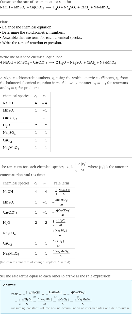 Construct the rate of reaction expression for: NaOH + MnSO_4 + Ca(ClO)2 ⟶ H_2O + Na_2SO_4 + CaCl_2 + Na2MnO4 Plan: • Balance the chemical equation. • Determine the stoichiometric numbers. • Assemble the rate term for each chemical species. • Write the rate of reaction expression. Write the balanced chemical equation: 4 NaOH + MnSO_4 + Ca(ClO)2 ⟶ 2 H_2O + Na_2SO_4 + CaCl_2 + Na2MnO4 Assign stoichiometric numbers, ν_i, using the stoichiometric coefficients, c_i, from the balanced chemical equation in the following manner: ν_i = -c_i for reactants and ν_i = c_i for products: chemical species | c_i | ν_i NaOH | 4 | -4 MnSO_4 | 1 | -1 Ca(ClO)2 | 1 | -1 H_2O | 2 | 2 Na_2SO_4 | 1 | 1 CaCl_2 | 1 | 1 Na2MnO4 | 1 | 1 The rate term for each chemical species, B_i, is 1/ν_i(Δ[B_i])/(Δt) where [B_i] is the amount concentration and t is time: chemical species | c_i | ν_i | rate term NaOH | 4 | -4 | -1/4 (Δ[NaOH])/(Δt) MnSO_4 | 1 | -1 | -(Δ[MnSO4])/(Δt) Ca(ClO)2 | 1 | -1 | -(Δ[Ca(ClO)2])/(Δt) H_2O | 2 | 2 | 1/2 (Δ[H2O])/(Δt) Na_2SO_4 | 1 | 1 | (Δ[Na2SO4])/(Δt) CaCl_2 | 1 | 1 | (Δ[CaCl2])/(Δt) Na2MnO4 | 1 | 1 | (Δ[Na2MnO4])/(Δt) (for infinitesimal rate of change, replace Δ with d) Set the rate terms equal to each other to arrive at the rate expression: Answer: |   | rate = -1/4 (Δ[NaOH])/(Δt) = -(Δ[MnSO4])/(Δt) = -(Δ[Ca(ClO)2])/(Δt) = 1/2 (Δ[H2O])/(Δt) = (Δ[Na2SO4])/(Δt) = (Δ[CaCl2])/(Δt) = (Δ[Na2MnO4])/(Δt) (assuming constant volume and no accumulation of intermediates or side products)