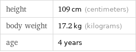 height | 109 cm (centimeters) body weight | 17.2 kg (kilograms) age | 4 years