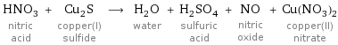 HNO_3 nitric acid + Cu_2S copper(I) sulfide ⟶ H_2O water + H_2SO_4 sulfuric acid + NO nitric oxide + Cu(NO_3)_2 copper(II) nitrate