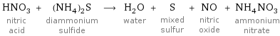 HNO_3 nitric acid + (NH_4)_2S diammonium sulfide ⟶ H_2O water + S mixed sulfur + NO nitric oxide + NH_4NO_3 ammonium nitrate