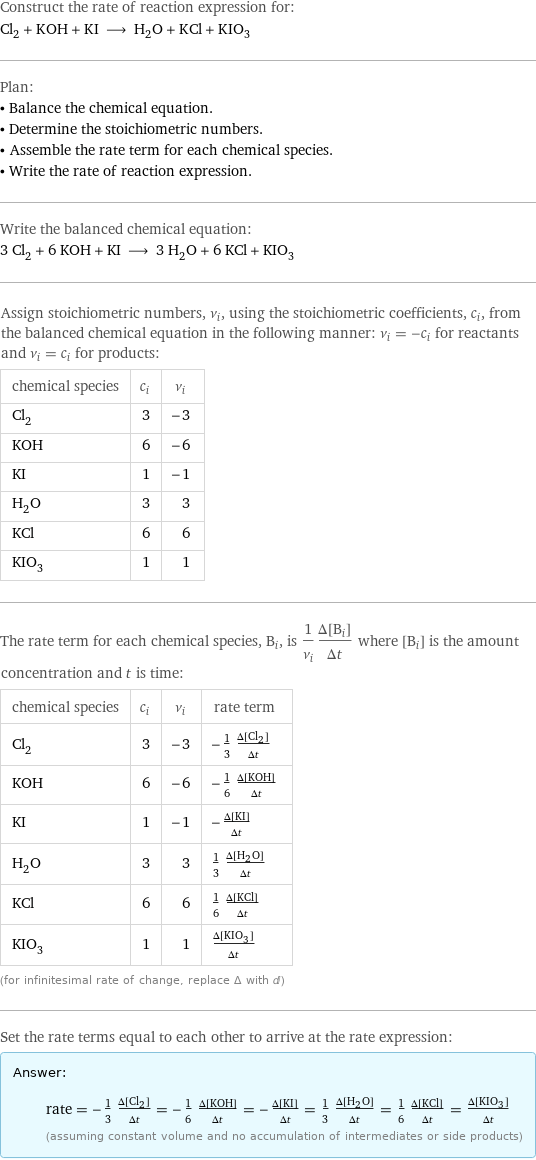 Construct the rate of reaction expression for: Cl_2 + KOH + KI ⟶ H_2O + KCl + KIO_3 Plan: • Balance the chemical equation. • Determine the stoichiometric numbers. • Assemble the rate term for each chemical species. • Write the rate of reaction expression. Write the balanced chemical equation: 3 Cl_2 + 6 KOH + KI ⟶ 3 H_2O + 6 KCl + KIO_3 Assign stoichiometric numbers, ν_i, using the stoichiometric coefficients, c_i, from the balanced chemical equation in the following manner: ν_i = -c_i for reactants and ν_i = c_i for products: chemical species | c_i | ν_i Cl_2 | 3 | -3 KOH | 6 | -6 KI | 1 | -1 H_2O | 3 | 3 KCl | 6 | 6 KIO_3 | 1 | 1 The rate term for each chemical species, B_i, is 1/ν_i(Δ[B_i])/(Δt) where [B_i] is the amount concentration and t is time: chemical species | c_i | ν_i | rate term Cl_2 | 3 | -3 | -1/3 (Δ[Cl2])/(Δt) KOH | 6 | -6 | -1/6 (Δ[KOH])/(Δt) KI | 1 | -1 | -(Δ[KI])/(Δt) H_2O | 3 | 3 | 1/3 (Δ[H2O])/(Δt) KCl | 6 | 6 | 1/6 (Δ[KCl])/(Δt) KIO_3 | 1 | 1 | (Δ[KIO3])/(Δt) (for infinitesimal rate of change, replace Δ with d) Set the rate terms equal to each other to arrive at the rate expression: Answer: |   | rate = -1/3 (Δ[Cl2])/(Δt) = -1/6 (Δ[KOH])/(Δt) = -(Δ[KI])/(Δt) = 1/3 (Δ[H2O])/(Δt) = 1/6 (Δ[KCl])/(Δt) = (Δ[KIO3])/(Δt) (assuming constant volume and no accumulation of intermediates or side products)