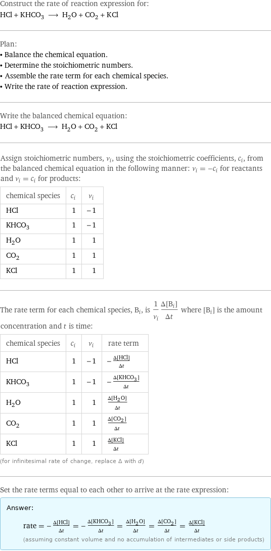 Construct the rate of reaction expression for: HCl + KHCO_3 ⟶ H_2O + CO_2 + KCl Plan: • Balance the chemical equation. • Determine the stoichiometric numbers. • Assemble the rate term for each chemical species. • Write the rate of reaction expression. Write the balanced chemical equation: HCl + KHCO_3 ⟶ H_2O + CO_2 + KCl Assign stoichiometric numbers, ν_i, using the stoichiometric coefficients, c_i, from the balanced chemical equation in the following manner: ν_i = -c_i for reactants and ν_i = c_i for products: chemical species | c_i | ν_i HCl | 1 | -1 KHCO_3 | 1 | -1 H_2O | 1 | 1 CO_2 | 1 | 1 KCl | 1 | 1 The rate term for each chemical species, B_i, is 1/ν_i(Δ[B_i])/(Δt) where [B_i] is the amount concentration and t is time: chemical species | c_i | ν_i | rate term HCl | 1 | -1 | -(Δ[HCl])/(Δt) KHCO_3 | 1 | -1 | -(Δ[KHCO3])/(Δt) H_2O | 1 | 1 | (Δ[H2O])/(Δt) CO_2 | 1 | 1 | (Δ[CO2])/(Δt) KCl | 1 | 1 | (Δ[KCl])/(Δt) (for infinitesimal rate of change, replace Δ with d) Set the rate terms equal to each other to arrive at the rate expression: Answer: |   | rate = -(Δ[HCl])/(Δt) = -(Δ[KHCO3])/(Δt) = (Δ[H2O])/(Δt) = (Δ[CO2])/(Δt) = (Δ[KCl])/(Δt) (assuming constant volume and no accumulation of intermediates or side products)