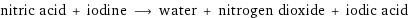 nitric acid + iodine ⟶ water + nitrogen dioxide + iodic acid