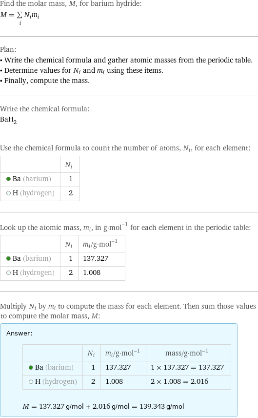 Find the molar mass, M, for barium hydride: M = sum _iN_im_i Plan: • Write the chemical formula and gather atomic masses from the periodic table. • Determine values for N_i and m_i using these items. • Finally, compute the mass. Write the chemical formula: BaH_2 Use the chemical formula to count the number of atoms, N_i, for each element:  | N_i  Ba (barium) | 1  H (hydrogen) | 2 Look up the atomic mass, m_i, in g·mol^(-1) for each element in the periodic table:  | N_i | m_i/g·mol^(-1)  Ba (barium) | 1 | 137.327  H (hydrogen) | 2 | 1.008 Multiply N_i by m_i to compute the mass for each element. Then sum those values to compute the molar mass, M: Answer: |   | | N_i | m_i/g·mol^(-1) | mass/g·mol^(-1)  Ba (barium) | 1 | 137.327 | 1 × 137.327 = 137.327  H (hydrogen) | 2 | 1.008 | 2 × 1.008 = 2.016  M = 137.327 g/mol + 2.016 g/mol = 139.343 g/mol