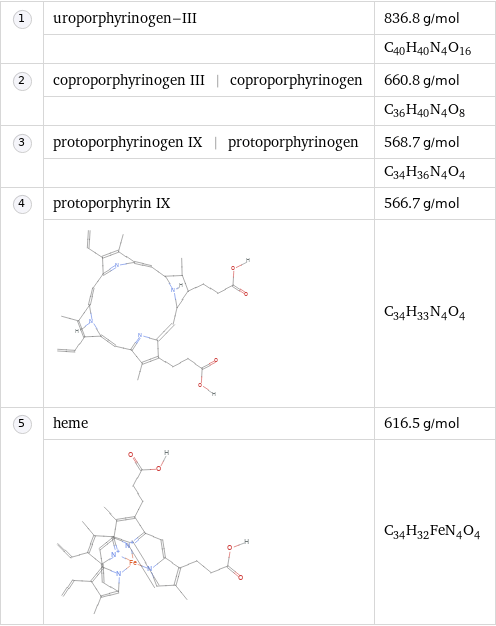  | uroporphyrinogen-III | 836.8 g/mol  | | C_40H_40N_4O_16  | coproporphyrinogen III | coproporphyrinogen | 660.8 g/mol  | | C_36H_40N_4O_8  | protoporphyrinogen IX | protoporphyrinogen | 568.7 g/mol  | | C_34H_36N_4O_4  | protoporphyrin IX | 566.7 g/mol  | | C_34H_33N_4O_4  | heme | 616.5 g/mol  | | C_34H_32FeN_4O_4