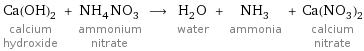 Ca(OH)_2 calcium hydroxide + NH_4NO_3 ammonium nitrate ⟶ H_2O water + NH_3 ammonia + Ca(NO_3)_2 calcium nitrate