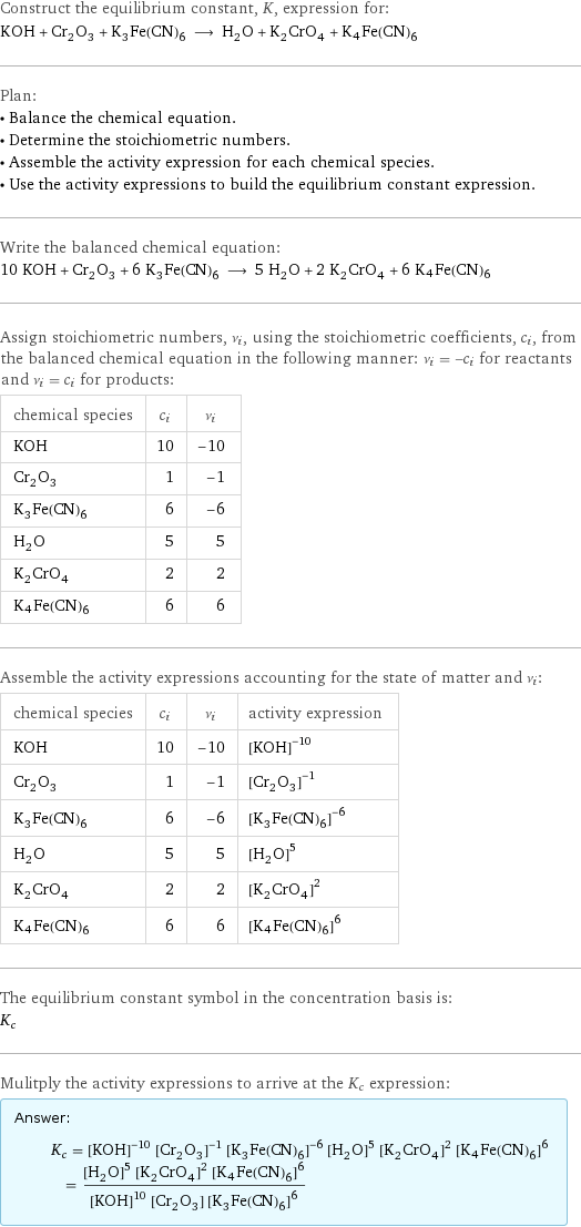 Construct the equilibrium constant, K, expression for: KOH + Cr_2O_3 + K_3Fe(CN)_6 ⟶ H_2O + K_2CrO_4 + K4Fe(CN)6 Plan: • Balance the chemical equation. • Determine the stoichiometric numbers. • Assemble the activity expression for each chemical species. • Use the activity expressions to build the equilibrium constant expression. Write the balanced chemical equation: 10 KOH + Cr_2O_3 + 6 K_3Fe(CN)_6 ⟶ 5 H_2O + 2 K_2CrO_4 + 6 K4Fe(CN)6 Assign stoichiometric numbers, ν_i, using the stoichiometric coefficients, c_i, from the balanced chemical equation in the following manner: ν_i = -c_i for reactants and ν_i = c_i for products: chemical species | c_i | ν_i KOH | 10 | -10 Cr_2O_3 | 1 | -1 K_3Fe(CN)_6 | 6 | -6 H_2O | 5 | 5 K_2CrO_4 | 2 | 2 K4Fe(CN)6 | 6 | 6 Assemble the activity expressions accounting for the state of matter and ν_i: chemical species | c_i | ν_i | activity expression KOH | 10 | -10 | ([KOH])^(-10) Cr_2O_3 | 1 | -1 | ([Cr2O3])^(-1) K_3Fe(CN)_6 | 6 | -6 | ([K3Fe(CN)6])^(-6) H_2O | 5 | 5 | ([H2O])^5 K_2CrO_4 | 2 | 2 | ([K2CrO4])^2 K4Fe(CN)6 | 6 | 6 | ([K4Fe(CN)6])^6 The equilibrium constant symbol in the concentration basis is: K_c Mulitply the activity expressions to arrive at the K_c expression: Answer: |   | K_c = ([KOH])^(-10) ([Cr2O3])^(-1) ([K3Fe(CN)6])^(-6) ([H2O])^5 ([K2CrO4])^2 ([K4Fe(CN)6])^6 = (([H2O])^5 ([K2CrO4])^2 ([K4Fe(CN)6])^6)/(([KOH])^10 [Cr2O3] ([K3Fe(CN)6])^6)