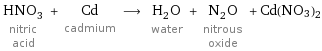 HNO_3 nitric acid + Cd cadmium ⟶ H_2O water + N_2O nitrous oxide + Cd(NO3)2