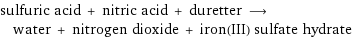 sulfuric acid + nitric acid + duretter ⟶ water + nitrogen dioxide + iron(III) sulfate hydrate