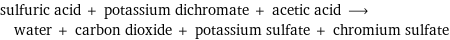 sulfuric acid + potassium dichromate + acetic acid ⟶ water + carbon dioxide + potassium sulfate + chromium sulfate
