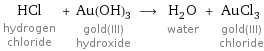 HCl hydrogen chloride + Au(OH)_3 gold(III) hydroxide ⟶ H_2O water + AuCl_3 gold(III) chloride