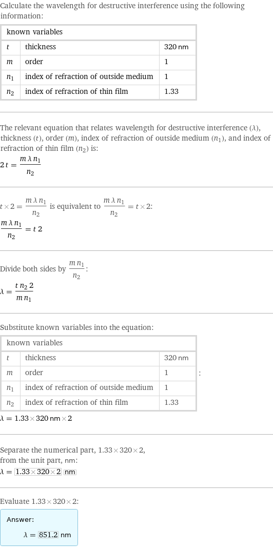 Calculate the wavelength for destructive interference using the following information: known variables | |  t | thickness | 320 nm m | order | 1 n_1 | index of refraction of outside medium | 1 n_2 | index of refraction of thin film | 1.33 The relevant equation that relates wavelength for destructive interference (λ), thickness (t), order (m), index of refraction of outside medium (n_1), and index of refraction of thin film (n_2) is: 2 t = (m λ n_1)/n_2 t×2 = (m λ n_1)/n_2 is equivalent to (m λ n_1)/n_2 = t×2: (m λ n_1)/n_2 = t 2 Divide both sides by (m n_1)/n_2: λ = (t n_2 2)/(m n_1) Substitute known variables into the equation: known variables | |  t | thickness | 320 nm m | order | 1 n_1 | index of refraction of outside medium | 1 n_2 | index of refraction of thin film | 1.33 | : λ = 1.33×320 nm×2 Separate the numerical part, 1.33×320×2, from the unit part, nm: λ = 1.33×320×2 nm Evaluate 1.33×320×2: Answer: |   | λ = 851.2 nm