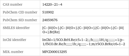 CAS number | 14220-21-4 PubChem CID number | 518902 PubChem SID number | 24859676 SMILES identifier | [C-]#[O+].[C-]#[O+].[C-]#[O+].[C-]#[O+].[C-]#[O+].Br[Re] InChI identifier | InChI=1/5CO.BrH.Re/c5*1-2;;/h;;;;;1H;/q;;;;;;+1/p-1/f5CO.Br.Re/h;;;;;1h;/q;;;;;-1;m/r5CO.BrRe/c6*1-2 MDL number | MFCD00013295