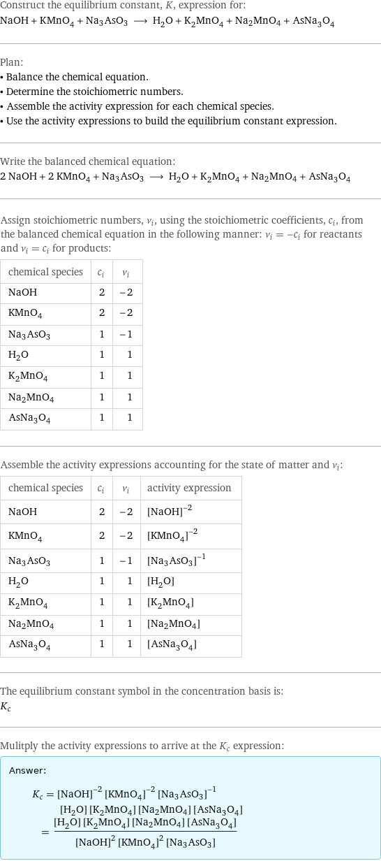 Construct the equilibrium constant, K, expression for: NaOH + KMnO_4 + Na3AsO3 ⟶ H_2O + K_2MnO_4 + Na2MnO4 + AsNa_3O_4 Plan: • Balance the chemical equation. • Determine the stoichiometric numbers. • Assemble the activity expression for each chemical species. • Use the activity expressions to build the equilibrium constant expression. Write the balanced chemical equation: 2 NaOH + 2 KMnO_4 + Na3AsO3 ⟶ H_2O + K_2MnO_4 + Na2MnO4 + AsNa_3O_4 Assign stoichiometric numbers, ν_i, using the stoichiometric coefficients, c_i, from the balanced chemical equation in the following manner: ν_i = -c_i for reactants and ν_i = c_i for products: chemical species | c_i | ν_i NaOH | 2 | -2 KMnO_4 | 2 | -2 Na3AsO3 | 1 | -1 H_2O | 1 | 1 K_2MnO_4 | 1 | 1 Na2MnO4 | 1 | 1 AsNa_3O_4 | 1 | 1 Assemble the activity expressions accounting for the state of matter and ν_i: chemical species | c_i | ν_i | activity expression NaOH | 2 | -2 | ([NaOH])^(-2) KMnO_4 | 2 | -2 | ([KMnO4])^(-2) Na3AsO3 | 1 | -1 | ([Na3AsO3])^(-1) H_2O | 1 | 1 | [H2O] K_2MnO_4 | 1 | 1 | [K2MnO4] Na2MnO4 | 1 | 1 | [Na2MnO4] AsNa_3O_4 | 1 | 1 | [AsNa3O4] The equilibrium constant symbol in the concentration basis is: K_c Mulitply the activity expressions to arrive at the K_c expression: Answer: |   | K_c = ([NaOH])^(-2) ([KMnO4])^(-2) ([Na3AsO3])^(-1) [H2O] [K2MnO4] [Na2MnO4] [AsNa3O4] = ([H2O] [K2MnO4] [Na2MnO4] [AsNa3O4])/(([NaOH])^2 ([KMnO4])^2 [Na3AsO3])