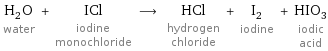 H_2O water + ICl iodine monochloride ⟶ HCl hydrogen chloride + I_2 iodine + HIO_3 iodic acid