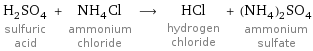 H_2SO_4 sulfuric acid + NH_4Cl ammonium chloride ⟶ HCl hydrogen chloride + (NH_4)_2SO_4 ammonium sulfate