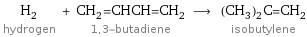 H_2 hydrogen + CH_2=CHCH=CH_2 1, 3-butadiene ⟶ (CH_3)_2C=CH_2 isobutylene