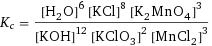K_c = ([H2O]^6 [KCl]^8 [K2MnO4]^3)/([KOH]^12 [KClO3]^2 [MnCl2]^3)