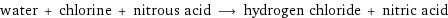 water + chlorine + nitrous acid ⟶ hydrogen chloride + nitric acid