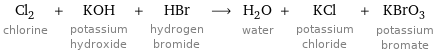 Cl_2 chlorine + KOH potassium hydroxide + HBr hydrogen bromide ⟶ H_2O water + KCl potassium chloride + KBrO_3 potassium bromate