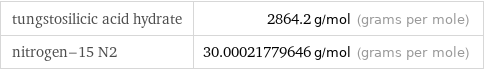 tungstosilicic acid hydrate | 2864.2 g/mol (grams per mole) nitrogen-15 N2 | 30.00021779646 g/mol (grams per mole)